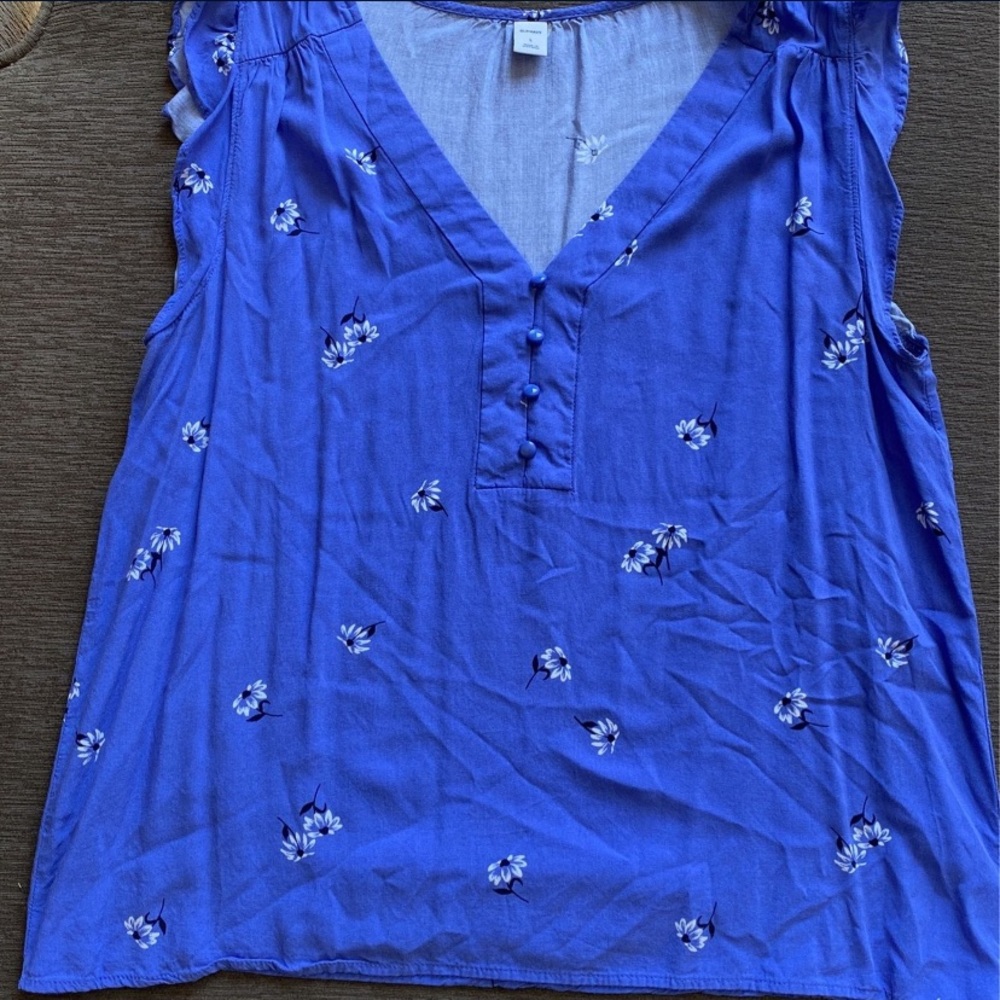Blue Flowered Sleeveless V Neck Ladies Shirt - ruffle sleeves